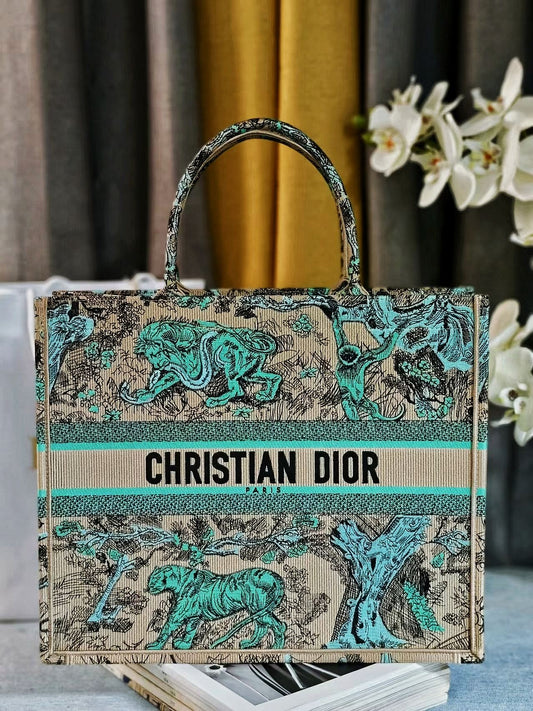 Christian Dior Toile de Jouy Embroidered Book Tote - Teal & Beige