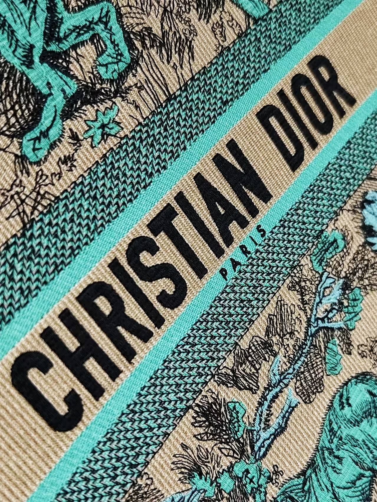 Christian Dior Toile de Jouy Embroidered Book Tote - Teal & Beige