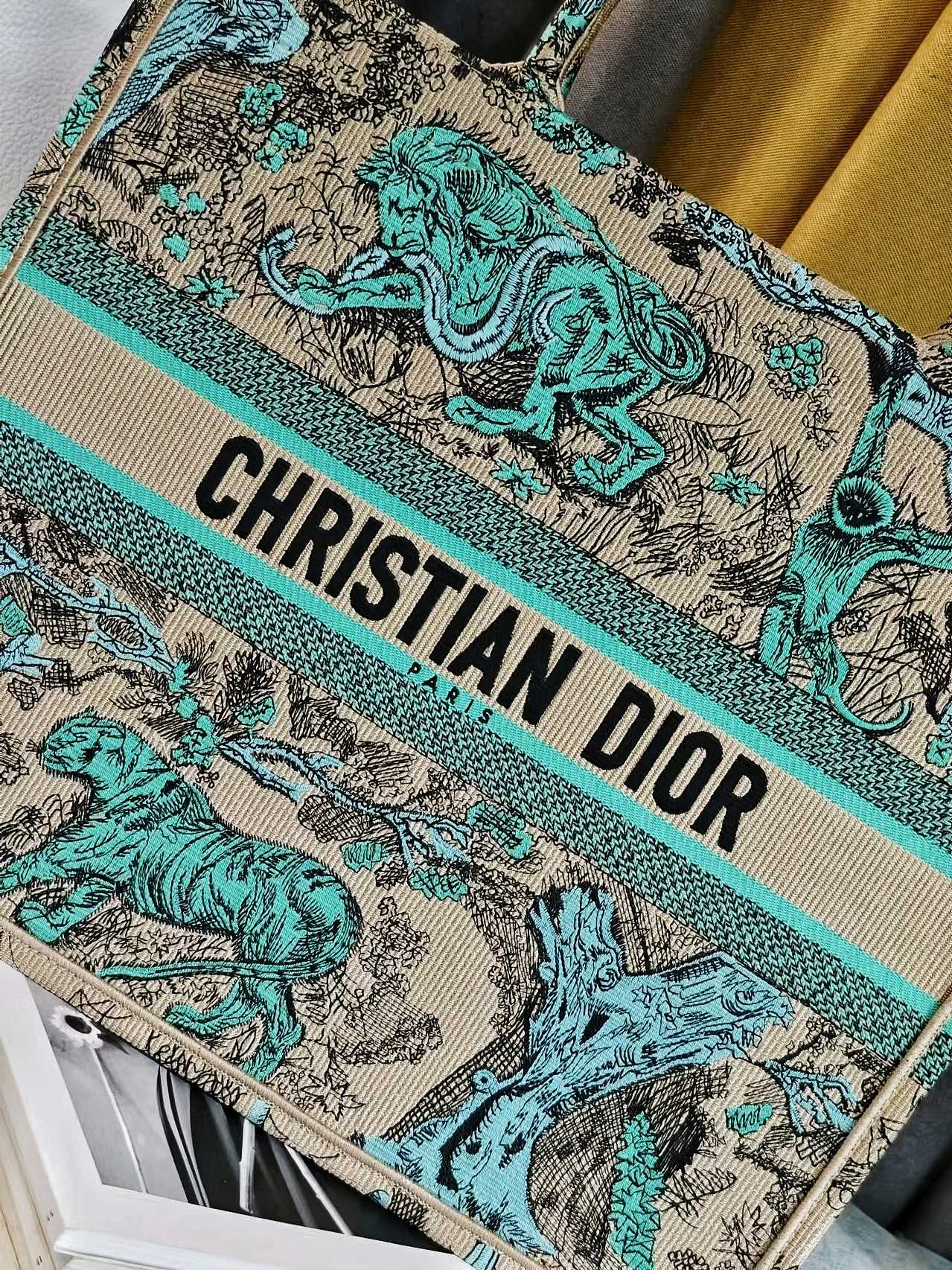 Christian Dior Toile de Jouy Embroidered Book Tote - Teal & Beige