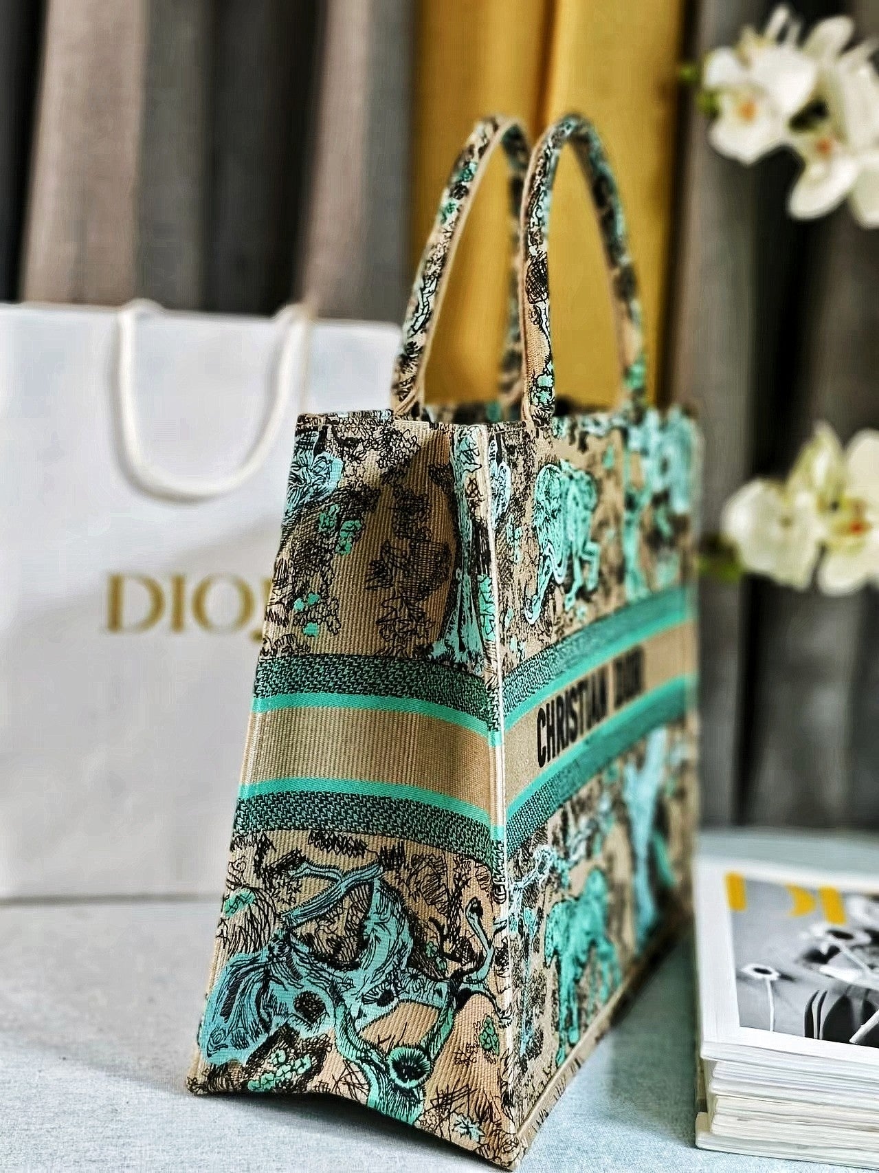 Christian Dior Toile de Jouy Embroidered Book Tote - Teal & Beige