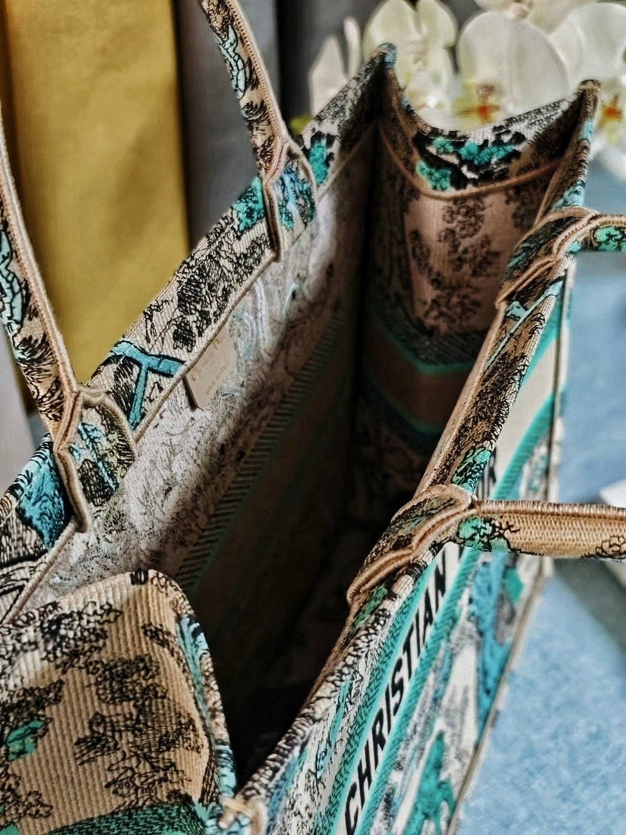 Christian Dior Toile de Jouy Embroidered Book Tote - Teal & Beige