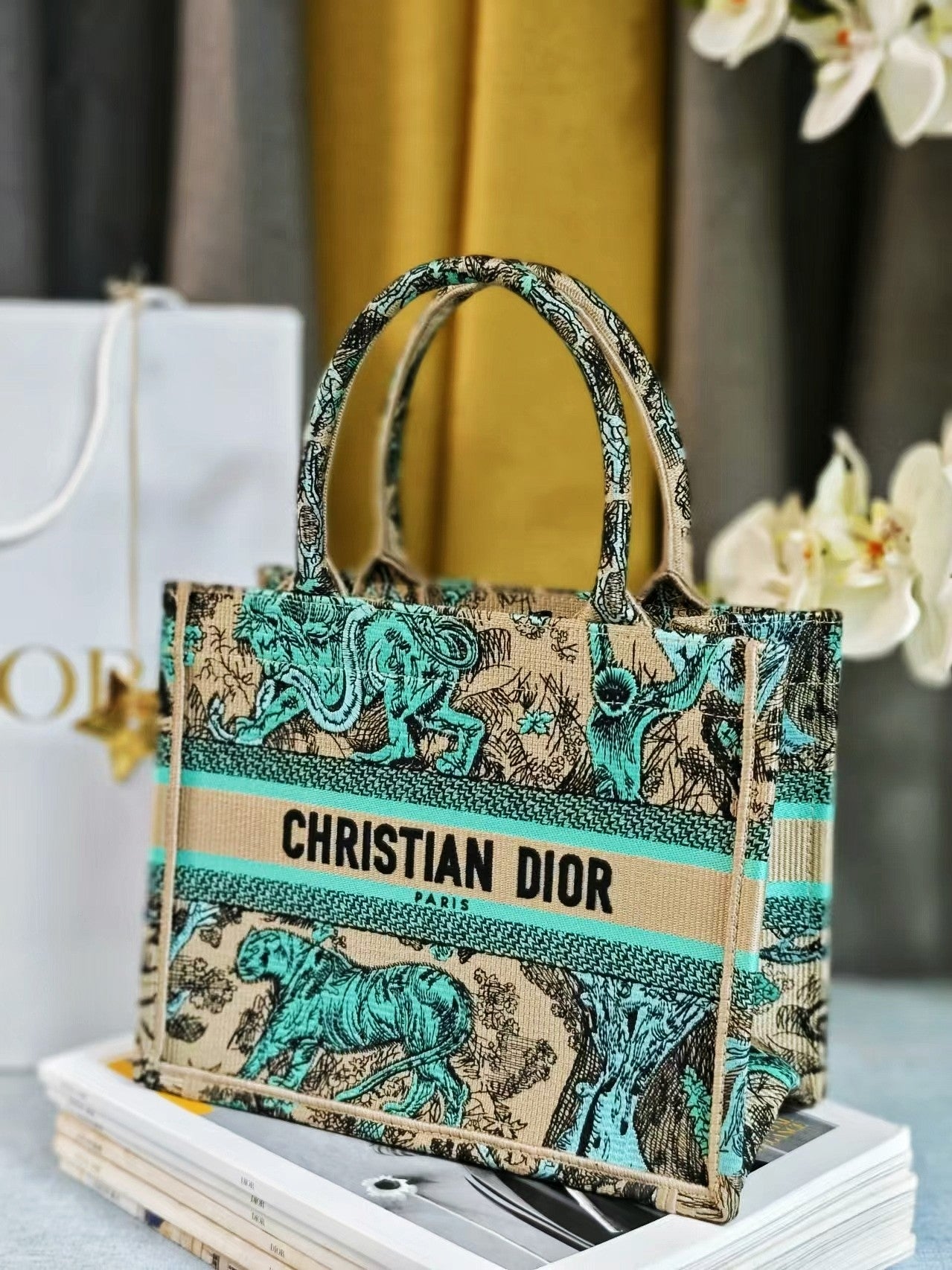 Christian Dior Small Book Tote Green Toile de Jouy Embroidery Handbag