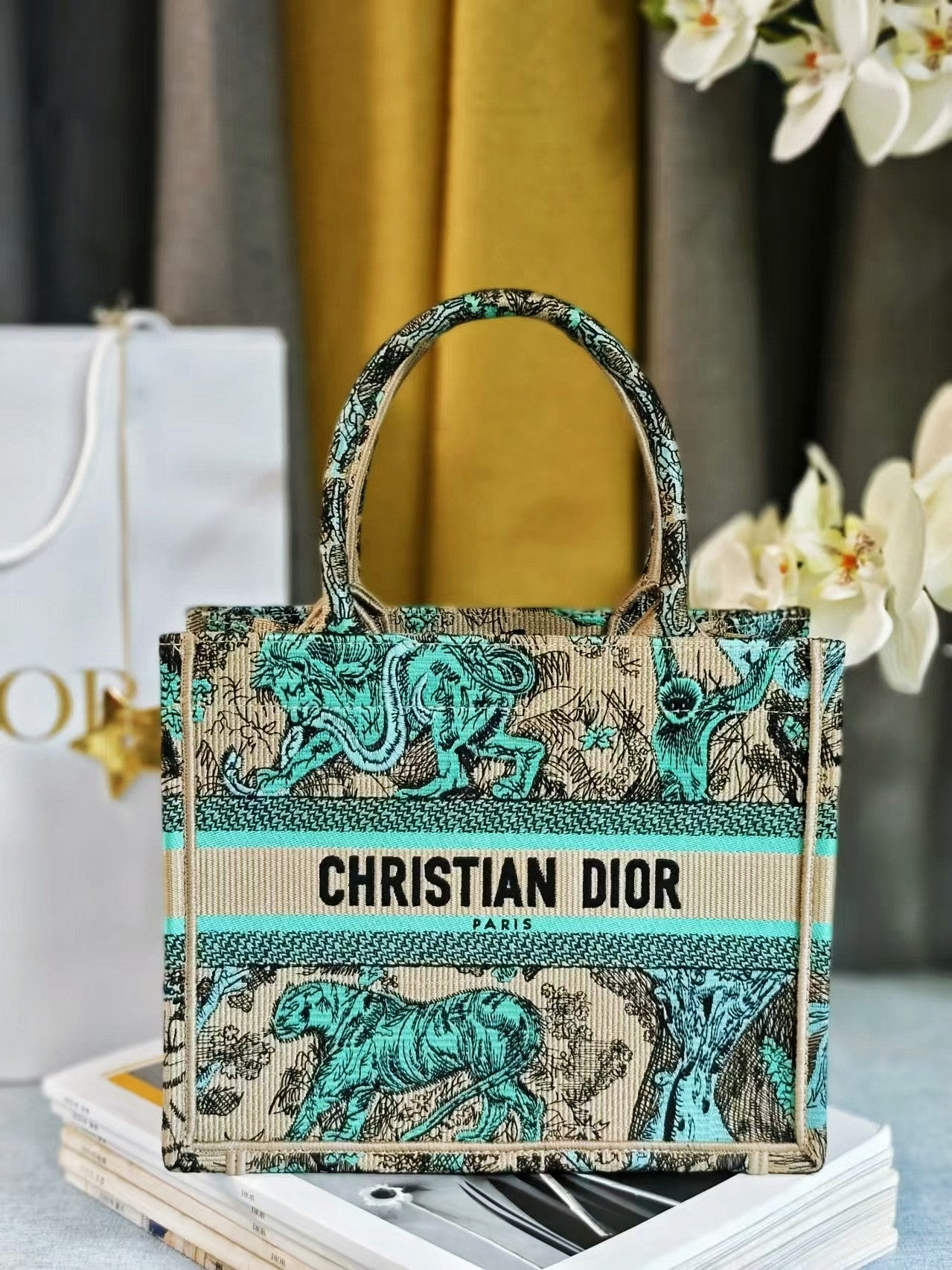 Christian Dior Small Book Tote Green Toile de Jouy Embroidery Handbag