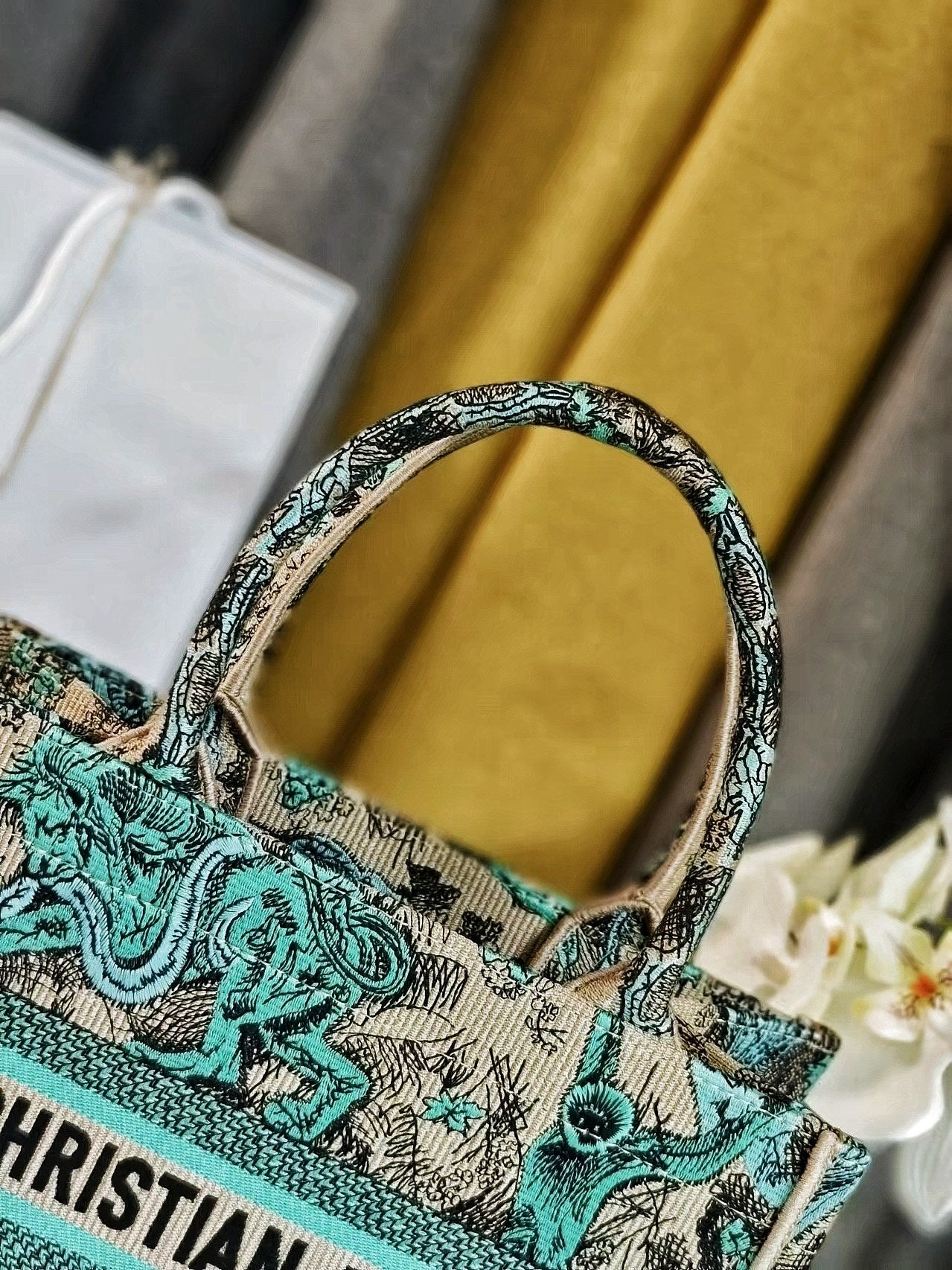 Dior Teal and Beige Animal Print Patterned Canvas Tote Bag with Handles