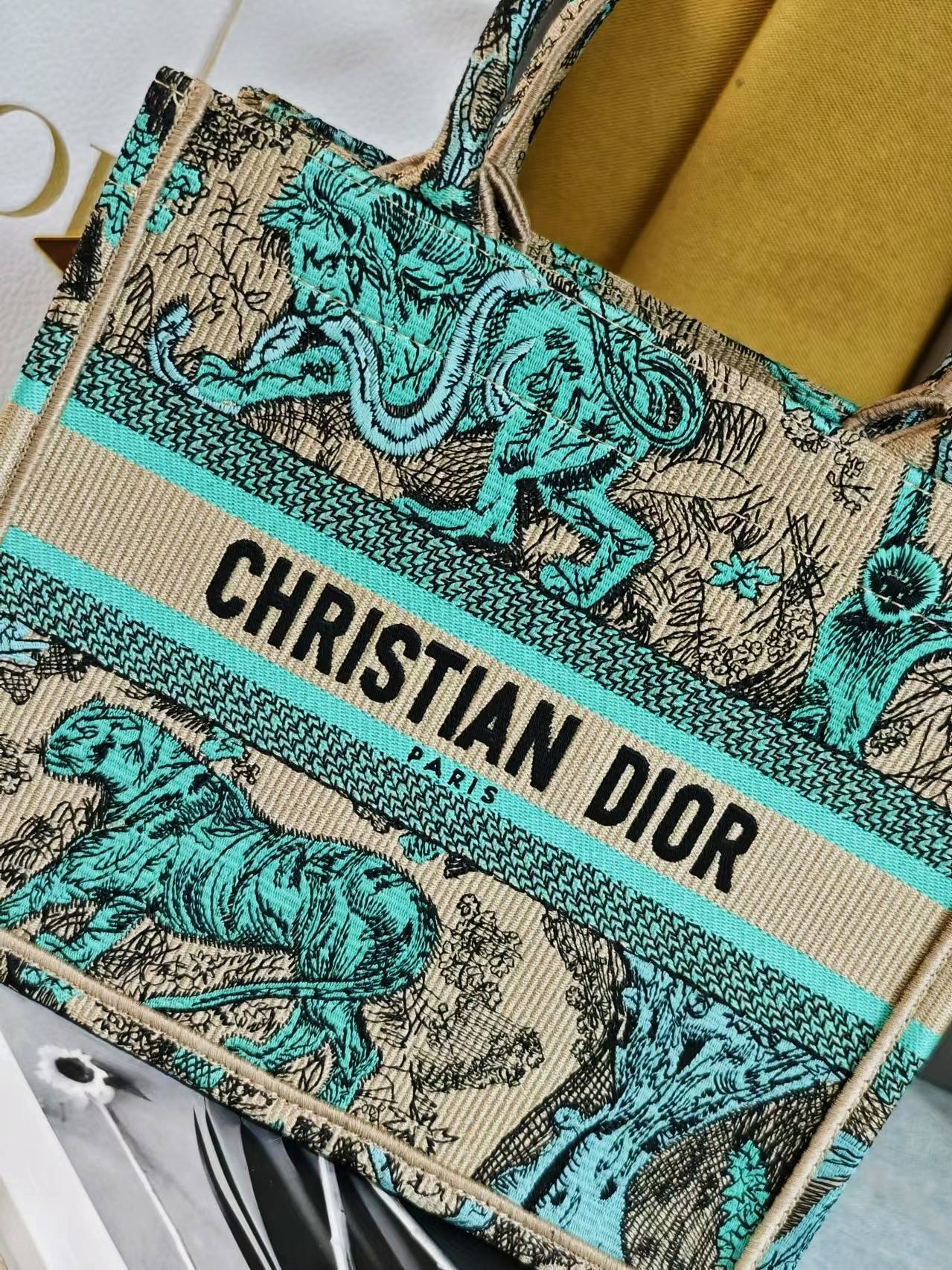 Christian Dior Small Book Tote Green Toile de Jouy Embroidery Handbag