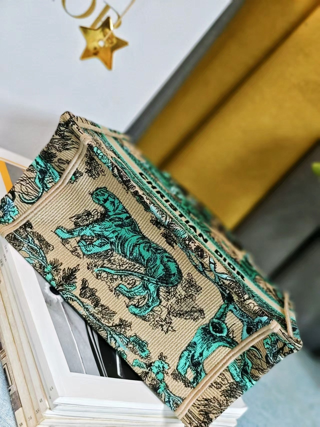 Christian Dior Small Book Tote Green Toile de Jouy Embroidery Handbag