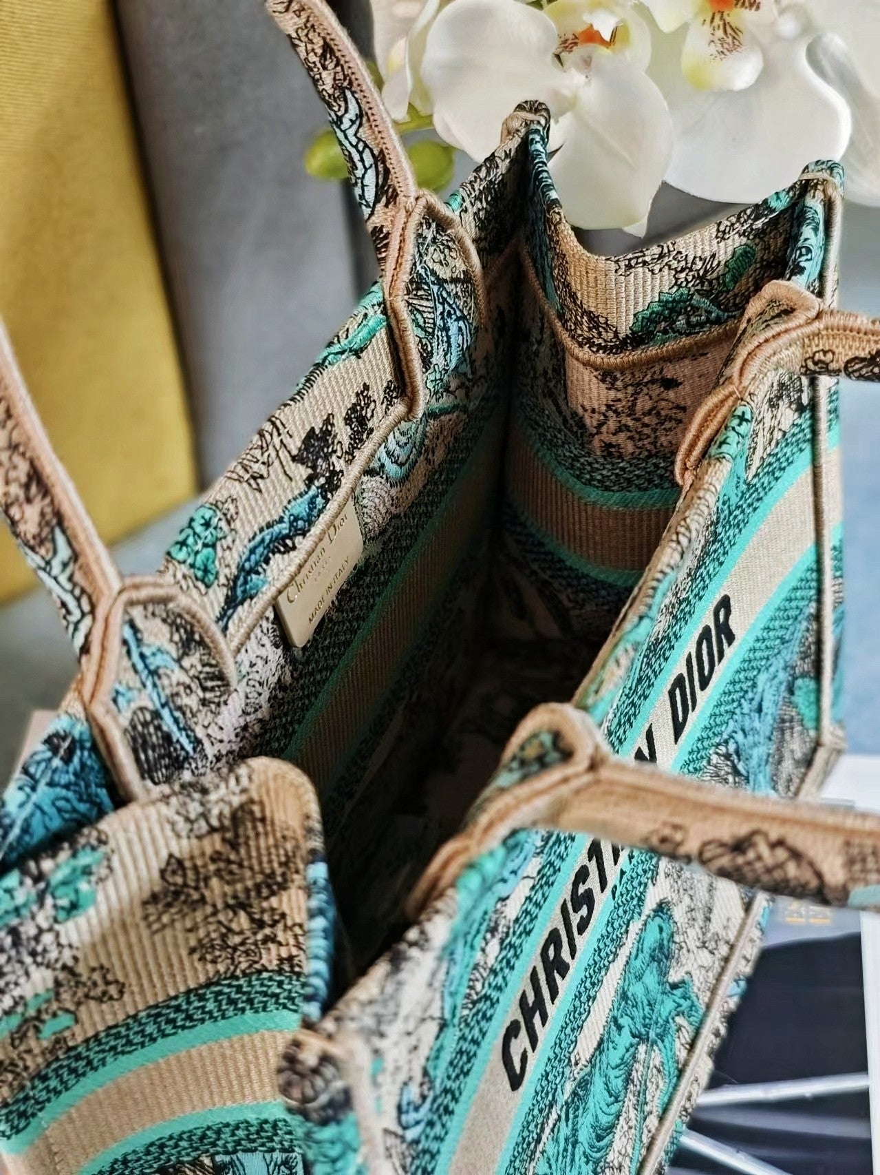 Dior Teal and Beige Animal Print Patterned Canvas Tote Bag with Handles