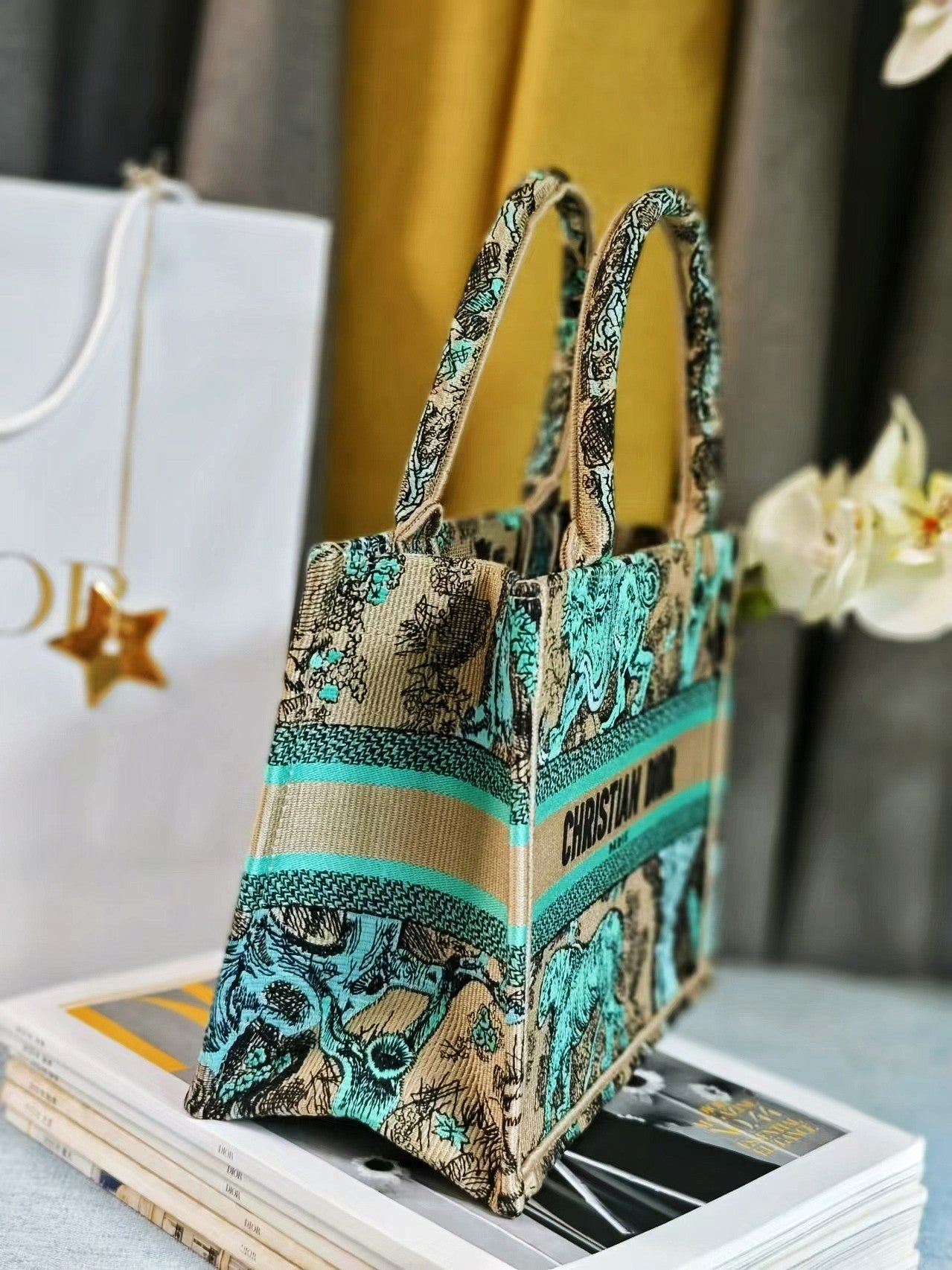 Christian Dior Small Book Tote Green Toile de Jouy Embroidery Handbag
