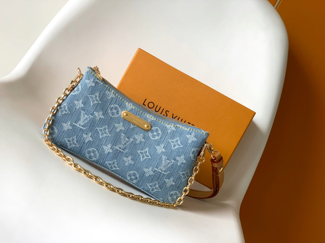 Louis Vuitton Monogram Denim Baguette Shoulder Bag with Gold-Tone Chain