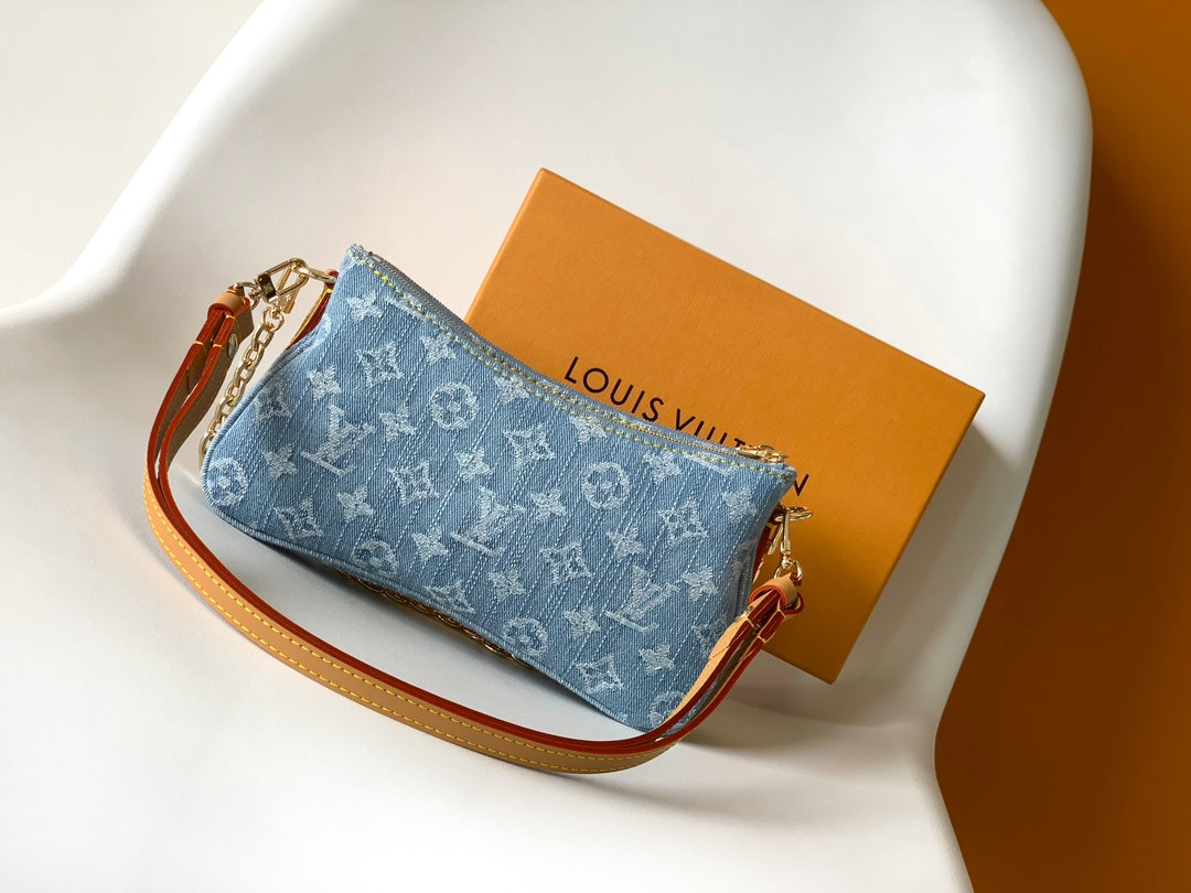 Louis Vuitton Monogram Denim Baguette Shoulder Bag with Gold-Tone Chain