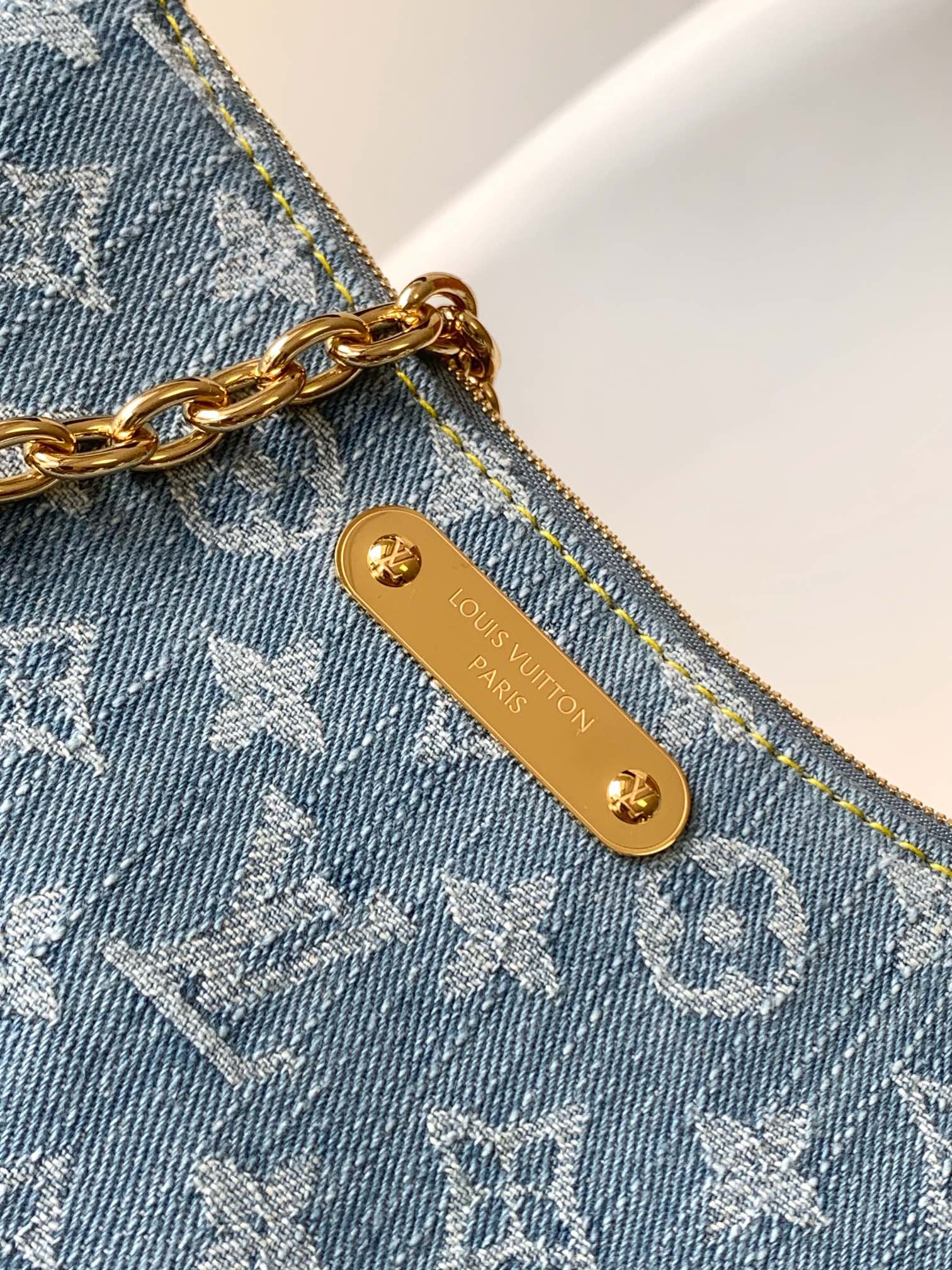 Louis Vuitton Monogram Denim Baguette Shoulder Bag with Gold-Tone Chain