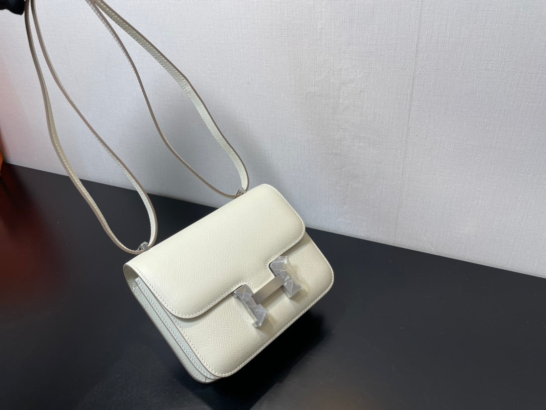Luxury Off-White Leather H-Buckle Shoulder Bag - Classic Flap Crossbody Purse
