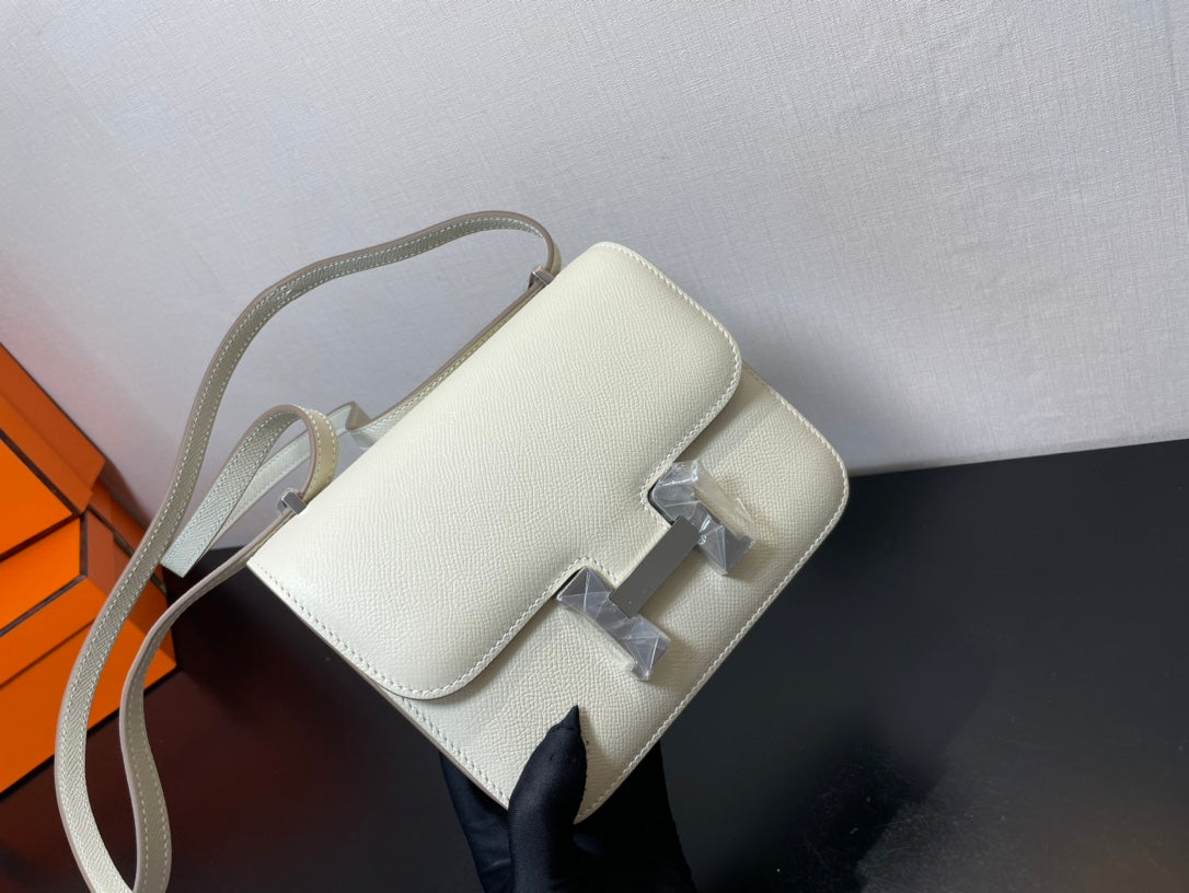 Luxury Off-White Leather H-Buckle Shoulder Bag - Classic Flap Crossbody Purse