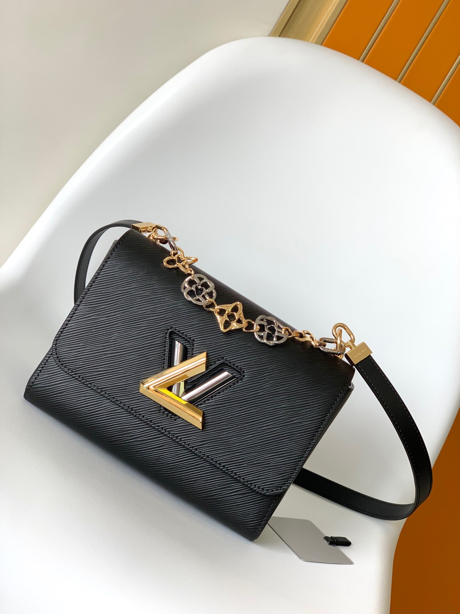 Louis Vuitton Twist MM Black Epi Leather Handbag with Decorative Chain