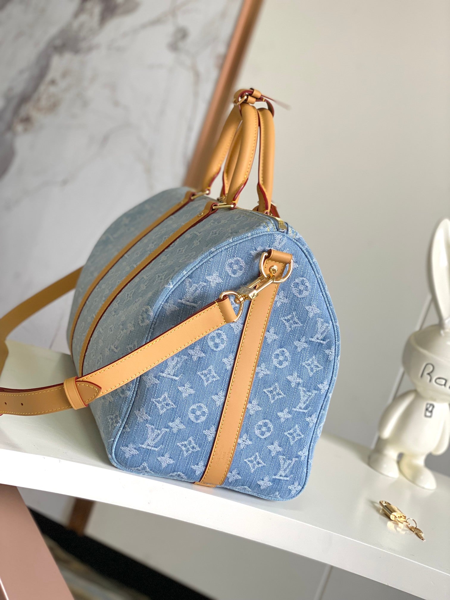 Louis Vuitton Keepall Bandoulière Monogram Light Blue Duffle Bag
