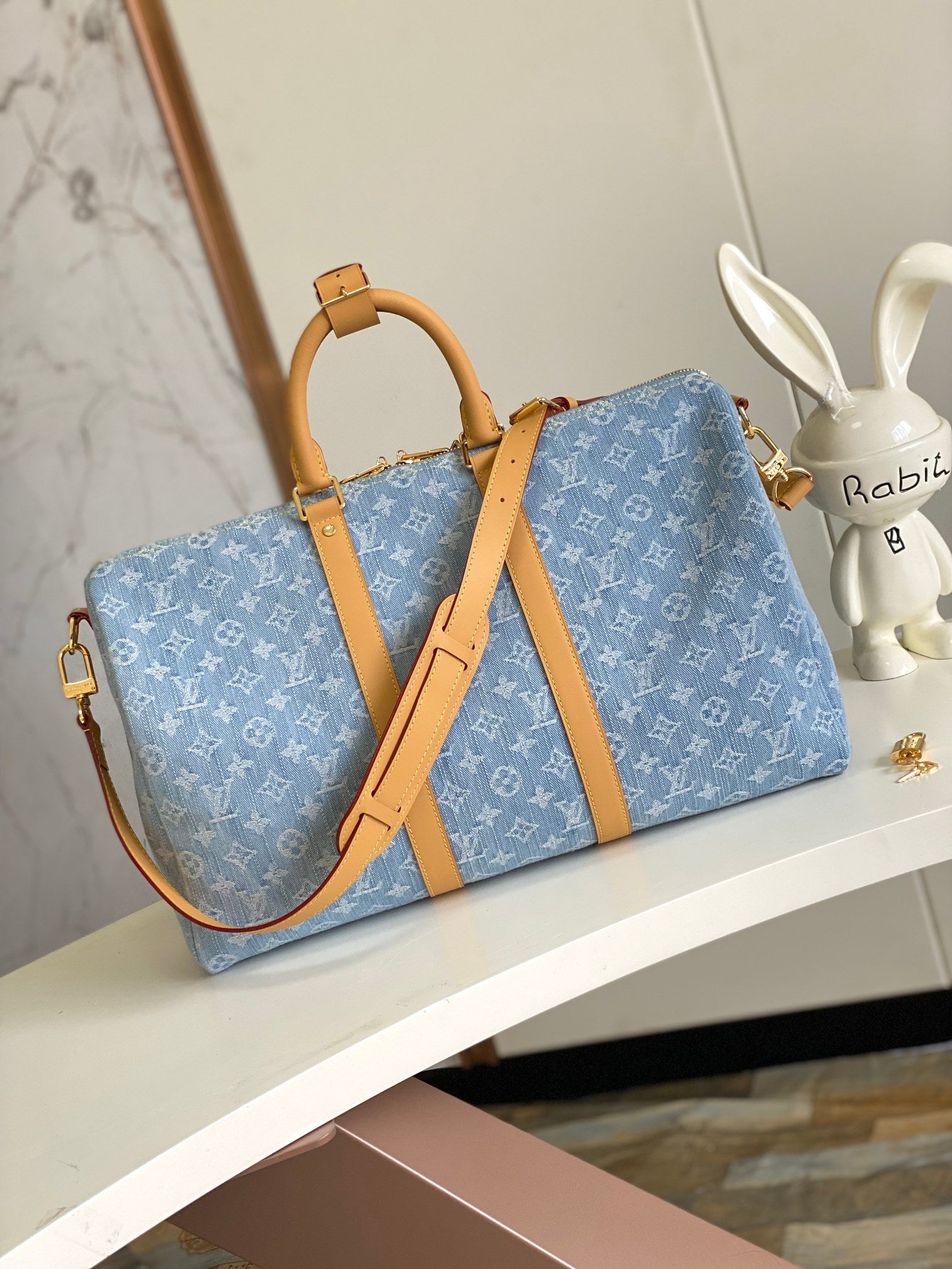 Louis Vuitton Keepall Bandoulière Monogram Light Blue Duffle Bag