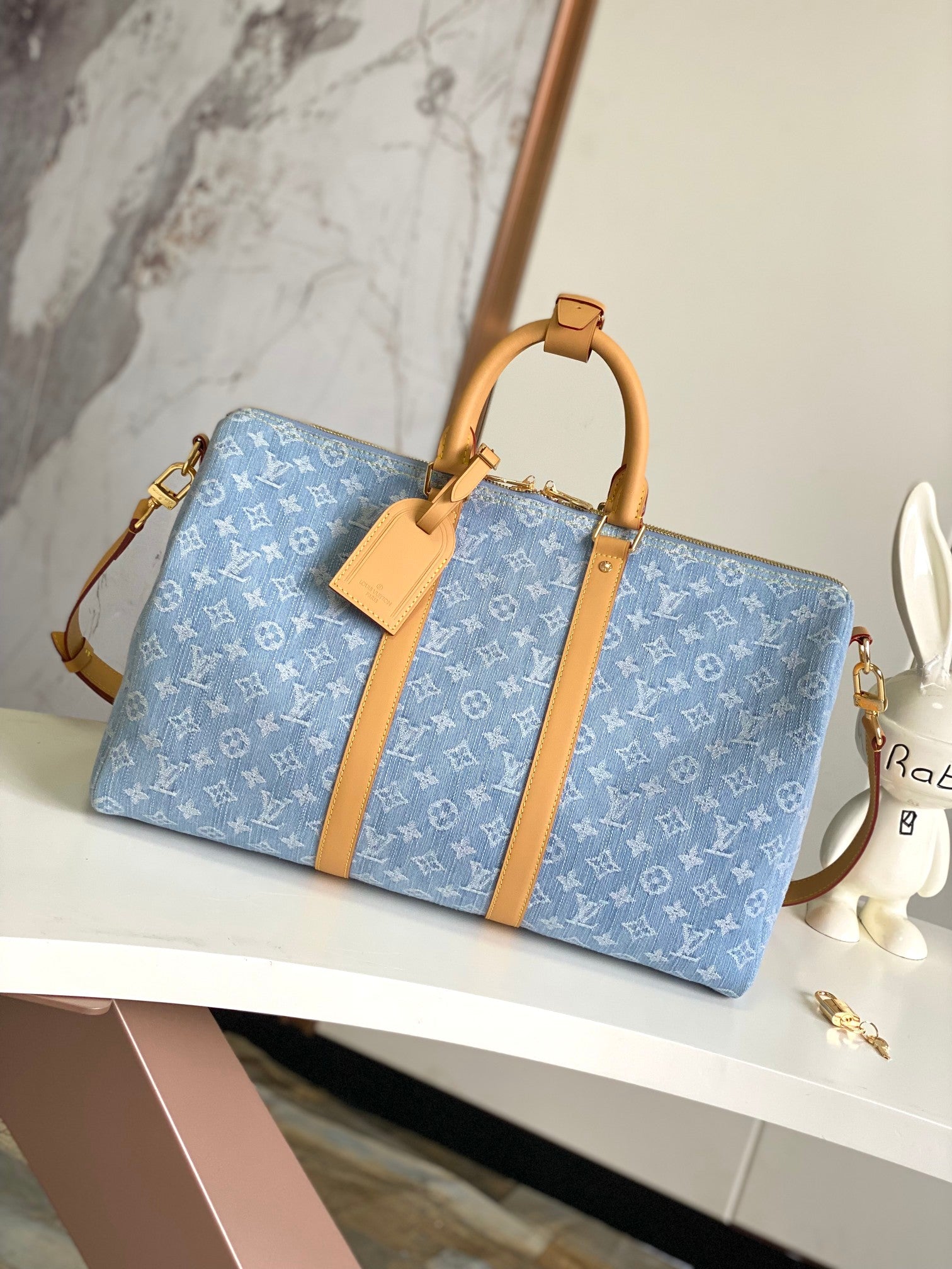 Louis Vuitton Keepall Bandoulière Monogram Light Blue Duffle Bag
