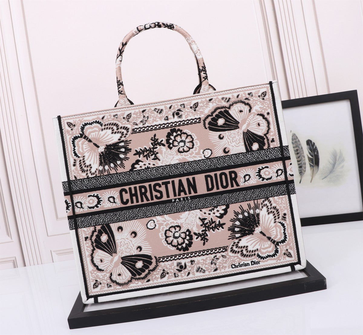 Christian Dior Large Book Tote Bag - Beige and Black Butterfly Embroidered Canvas