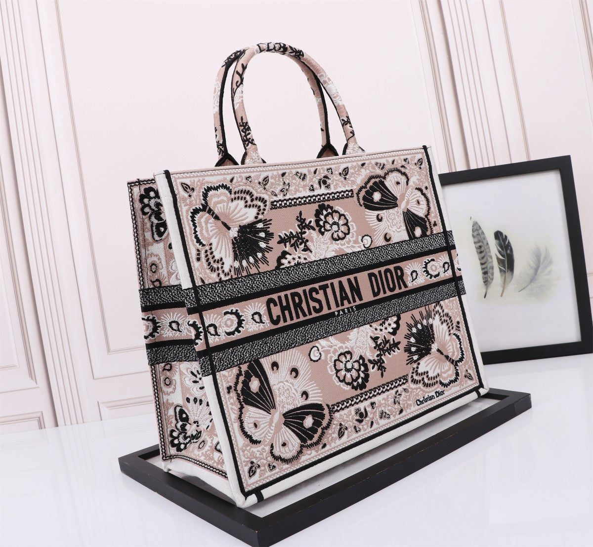 Christian Dior Large Book Tote Bag - Beige and Black Butterfly Embroidered Canvas