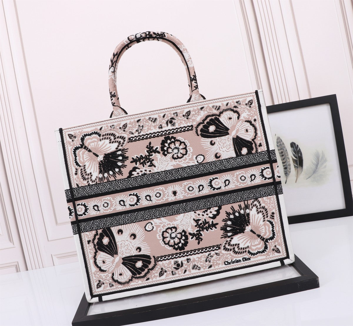 Christian Dior Large Book Tote Bag - Beige and Black Butterfly Embroidered Canvas
