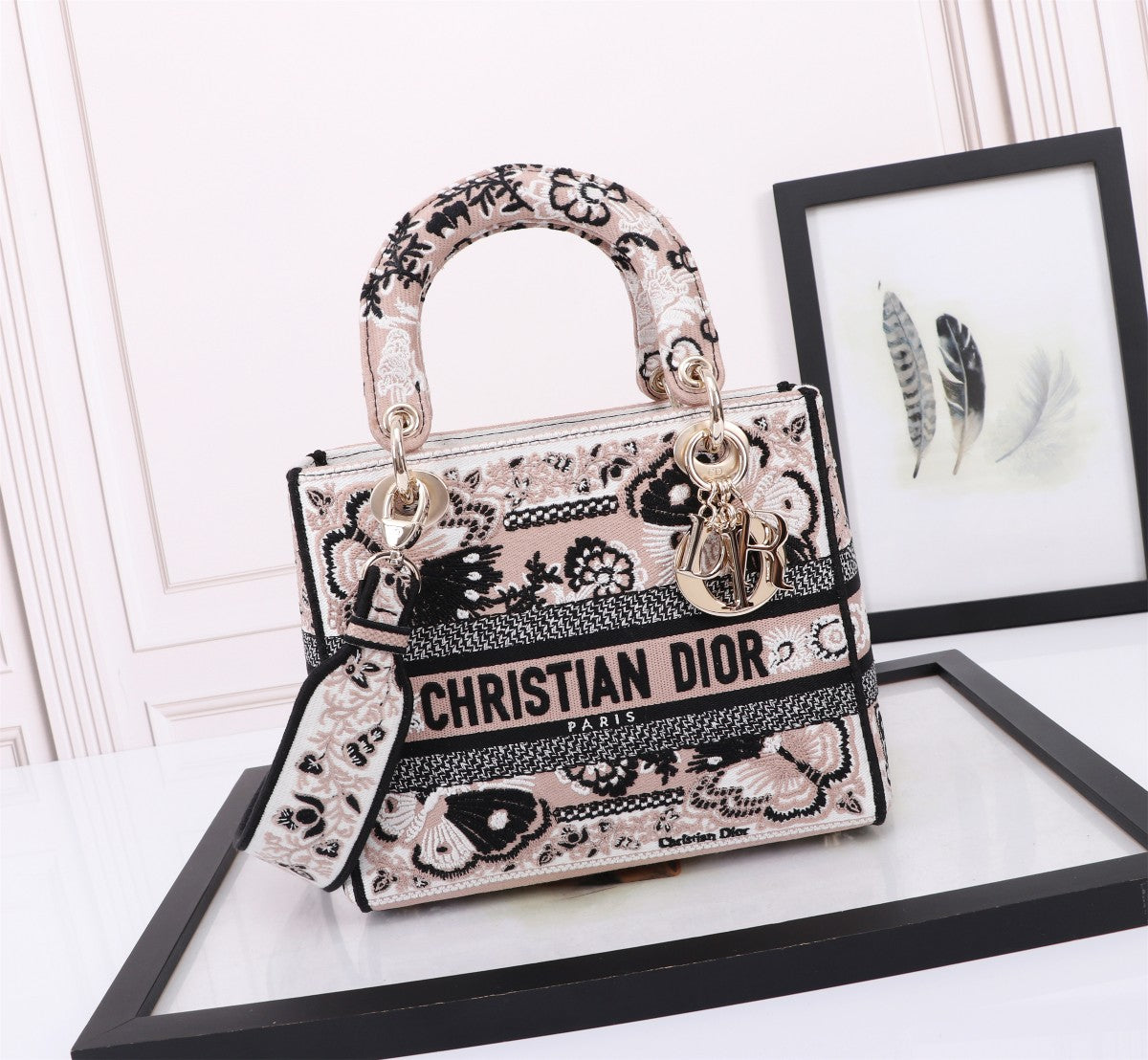 Christian Dior Lady D-Lite Handbag with Butterfly Embroidery - Cream and Black Canvas