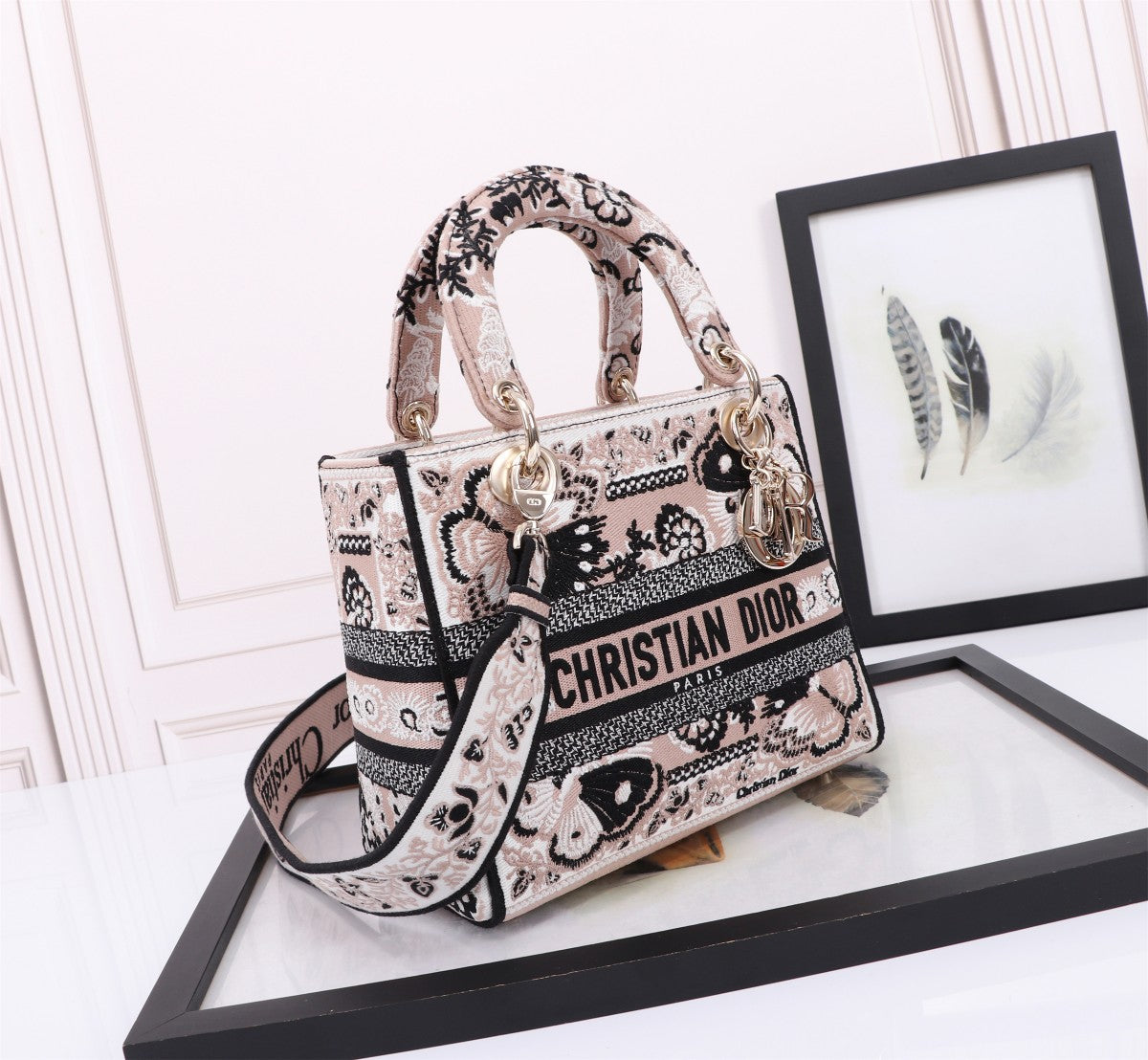 Christian Dior Lady D-Lite Handbag with Butterfly Embroidery - Cream and Black Canvas