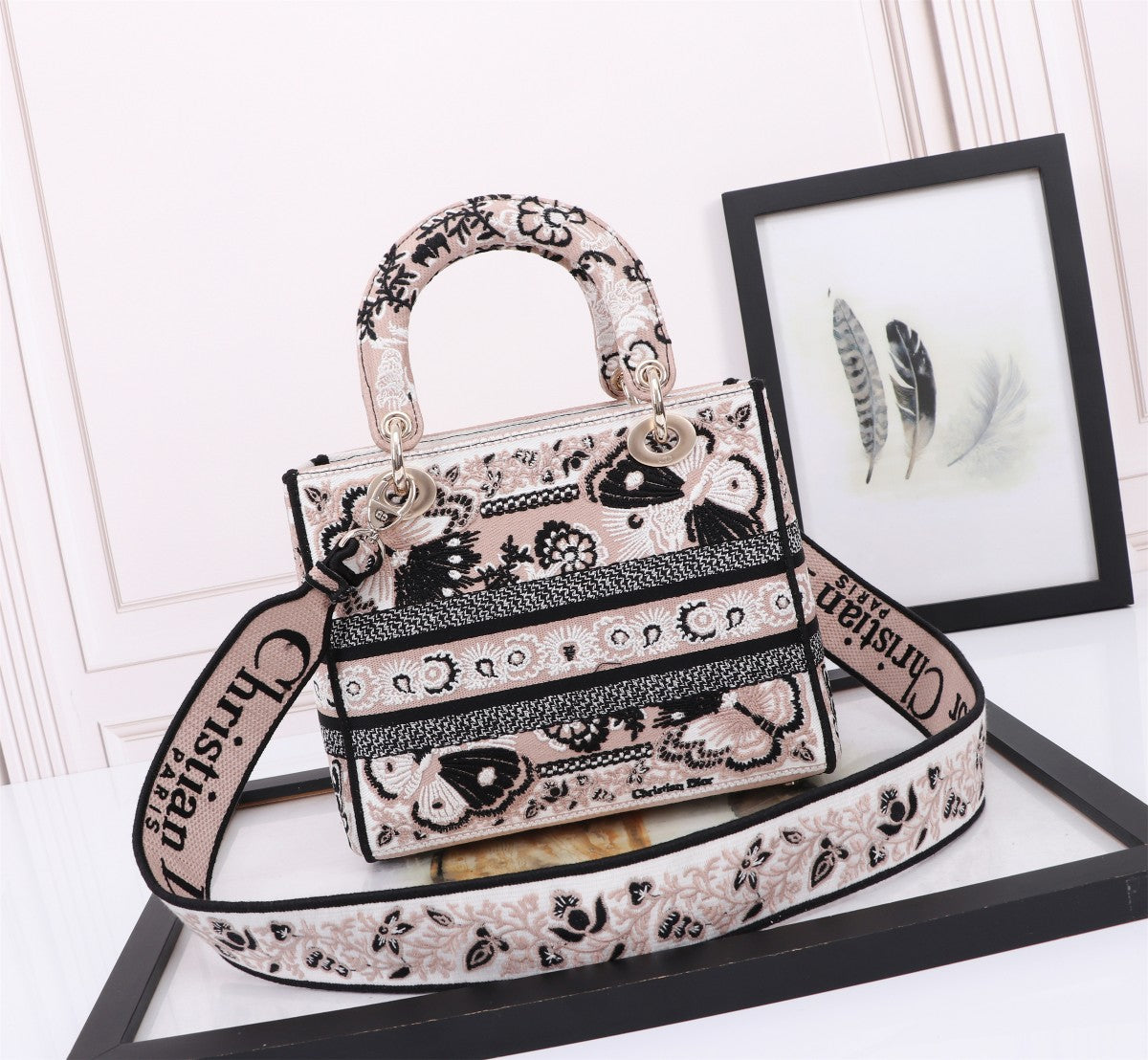 Christian Dior Medium Lady D-Lite Bag - Black and White Butterfly Around the World Embroidery