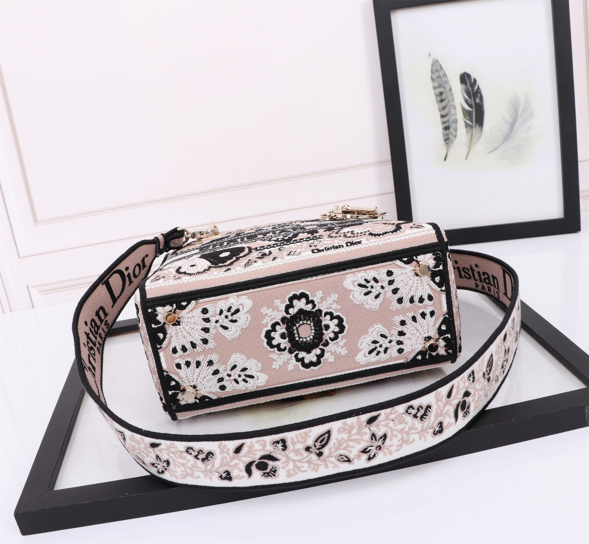 Christian Dior Medium Lady D-Lite Bag - Black and White Butterfly Around the World Embroidery