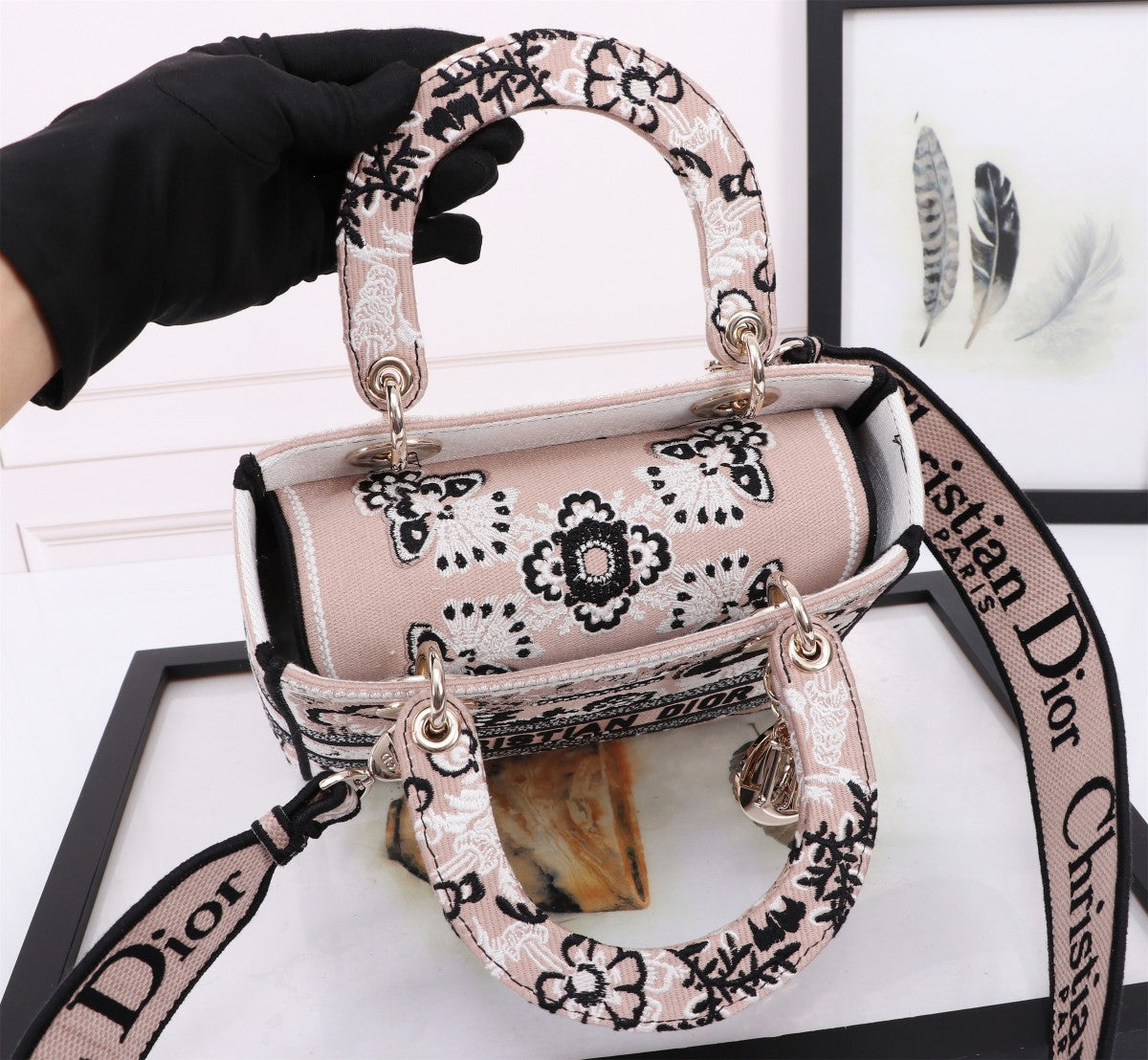 Christian Dior Medium Lady D-Lite Bag - Black and White Butterfly Around the World Embroidery