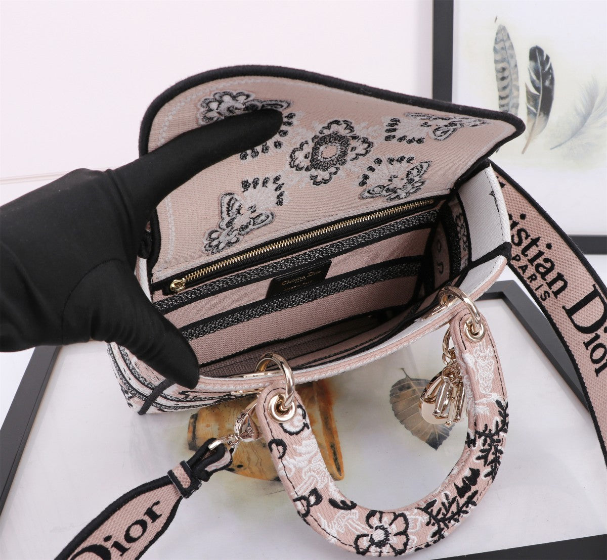 Christian Dior Medium Lady D-Lite Bag - Black and White Butterfly Around the World Embroidery