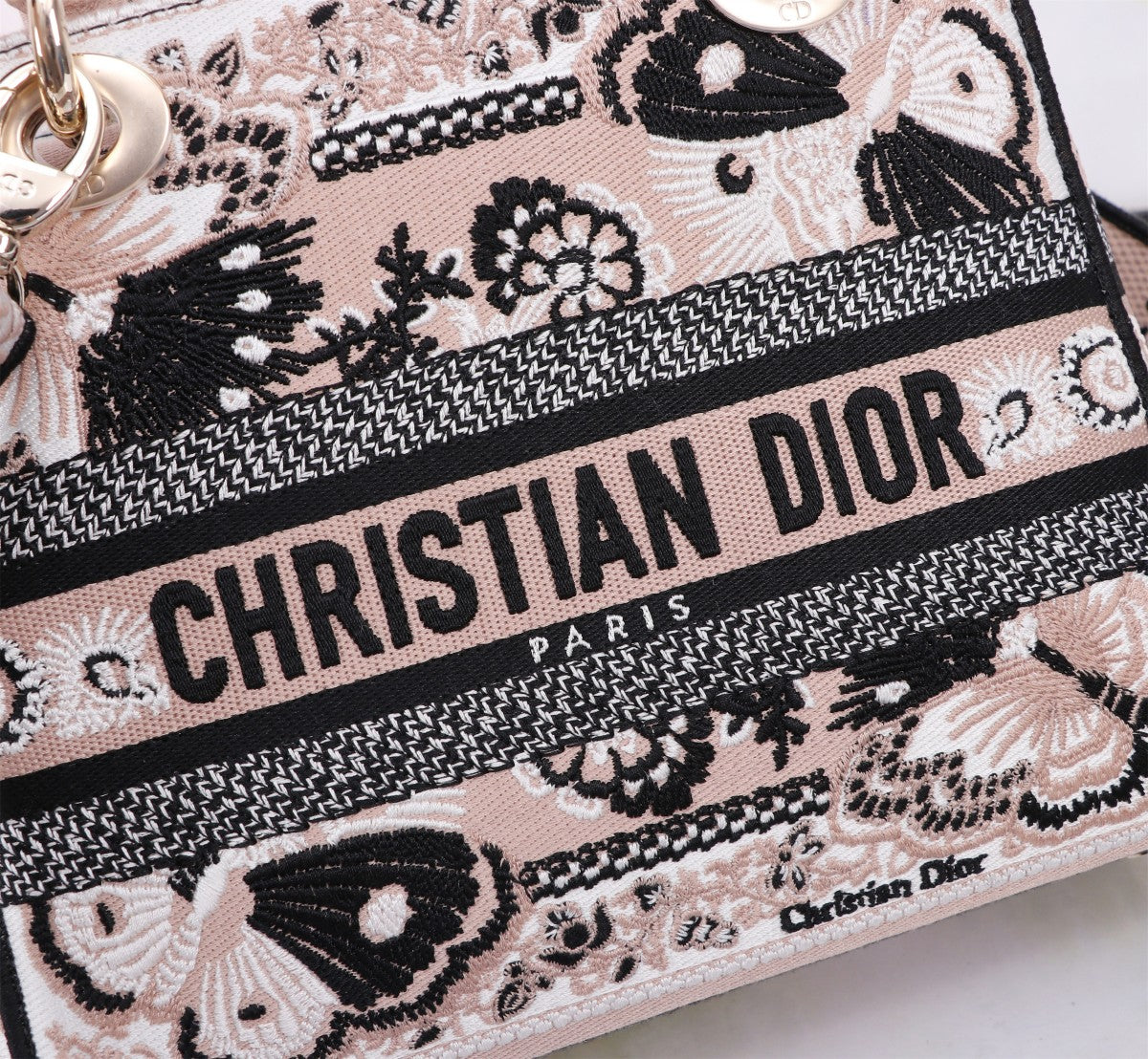 Dior Vintage Black and White Embroidered Floral Top Handle Handbag