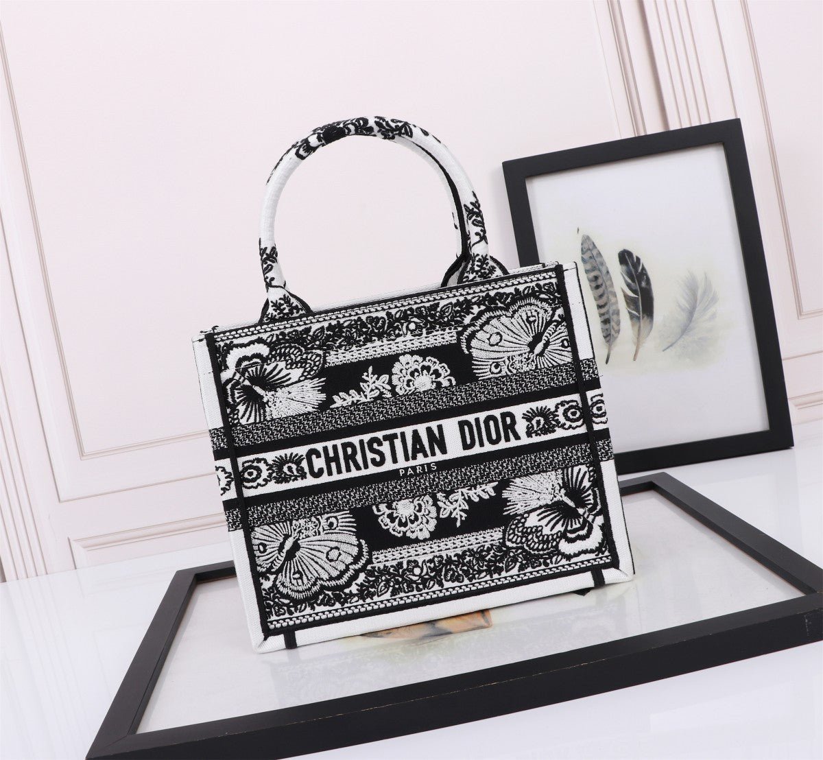 Christian Dior Medium Book Tote Bag - Black & White Embroidered Canvas