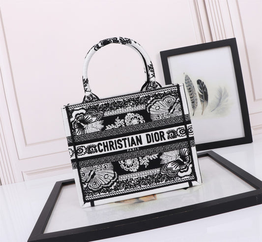 Christian Dior Medium Book Tote Bag - Black & White Embroidered Canvas