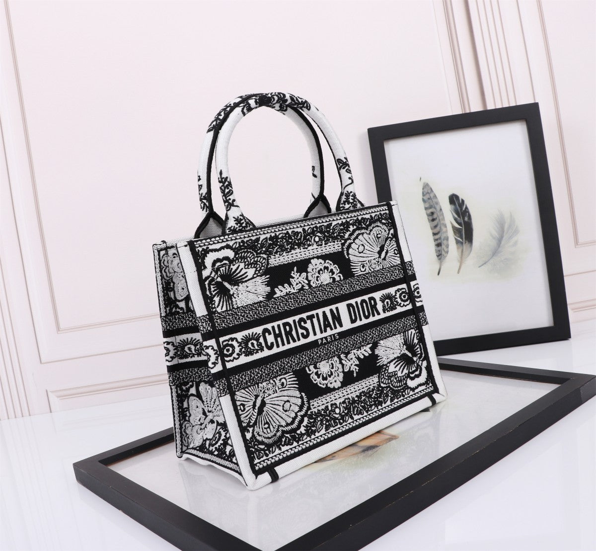 Christian Dior Black and White Embroidered Book Tote Bag