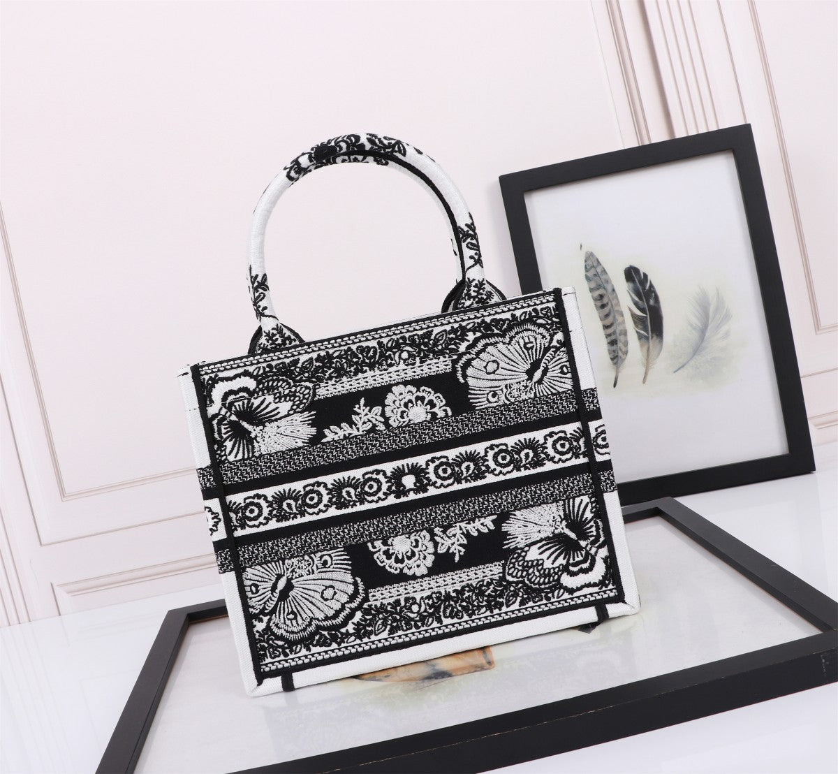 Christian Dior Black and White Embroidered Book Tote Bag
