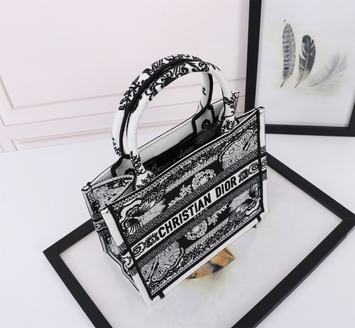 Christian Dior Medium Book Tote Bag - Black & White Embroidered Canvas