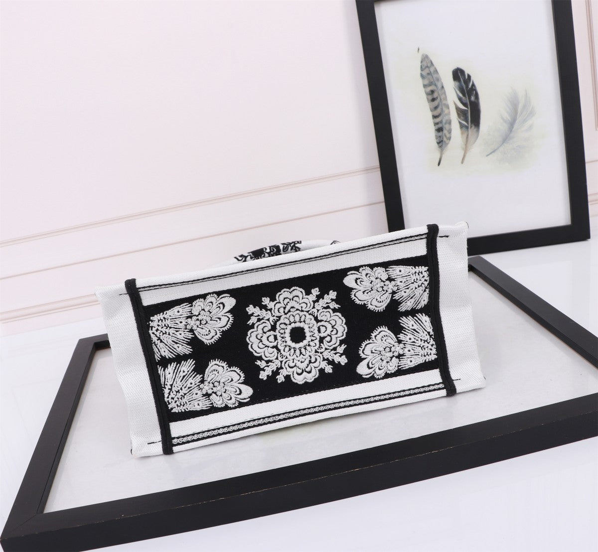 Christian Dior Medium Book Tote Bag - Black & White Embroidered Canvas
