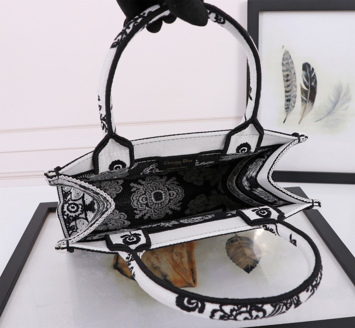 Christian Dior Medium Book Tote Bag - Black & White Embroidered Canvas