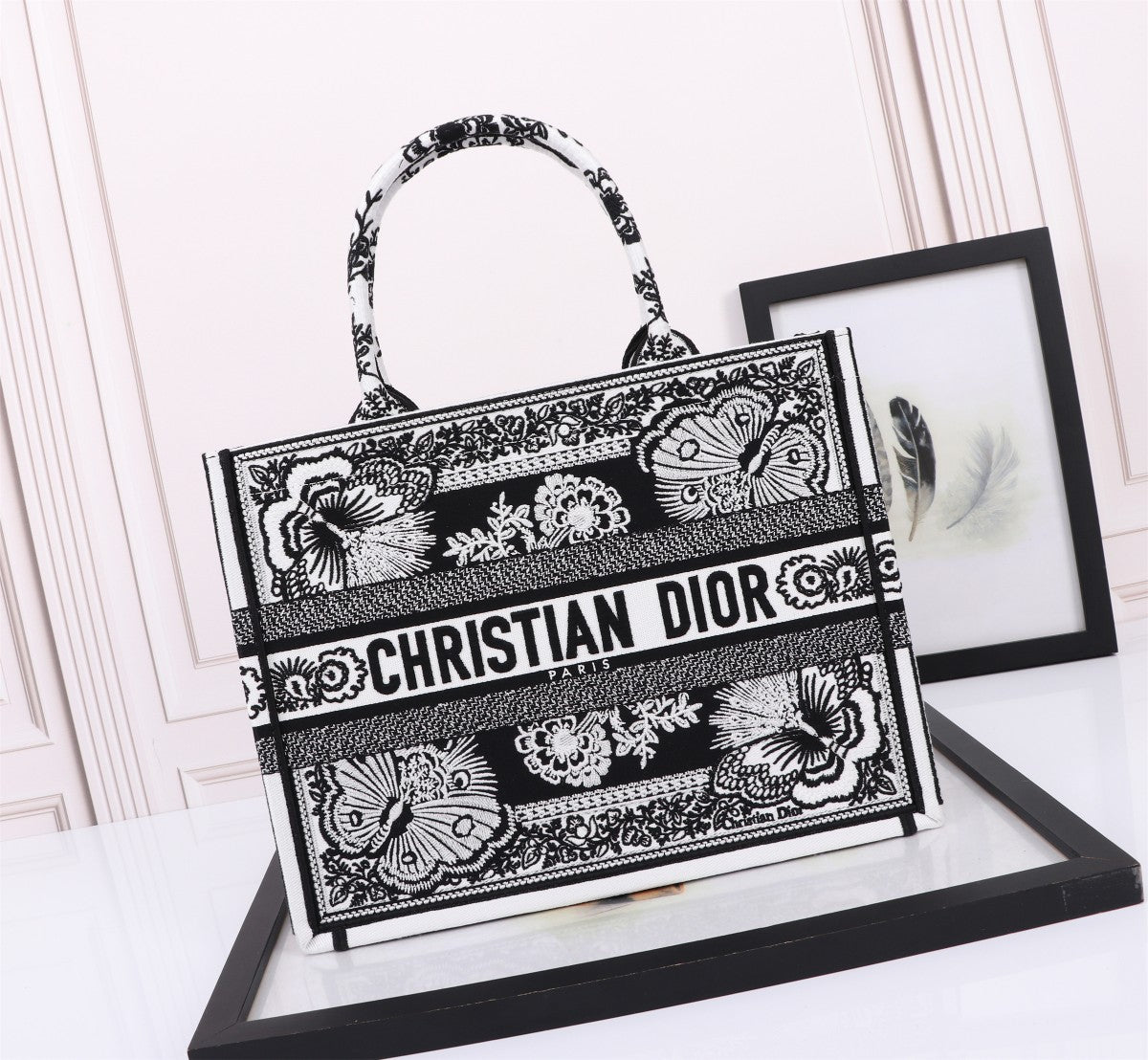 Christian Dior Book Tote Bag - Black and White Butterfly Around The World Embroidery