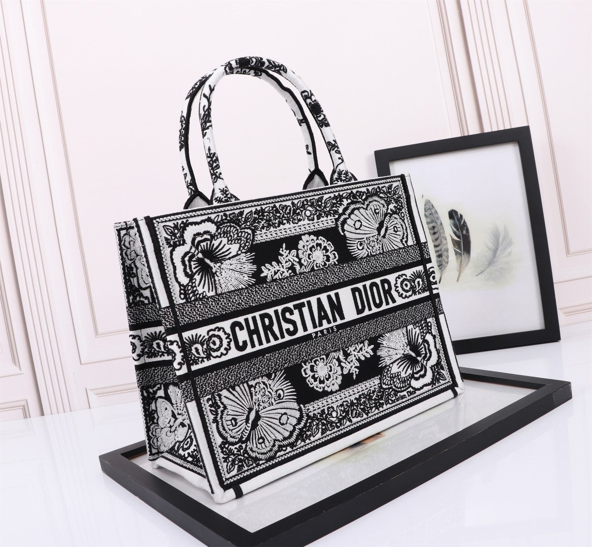 Christian Dior Book Tote Bag with Black and White Butterfly Embroidery