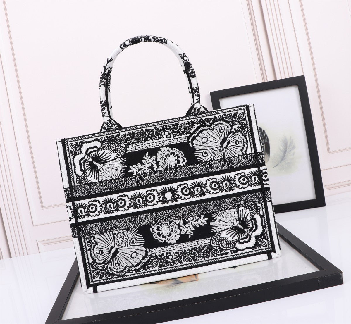 Christian Dior Book Tote Bag - Black and White Butterfly Around The World Embroidery