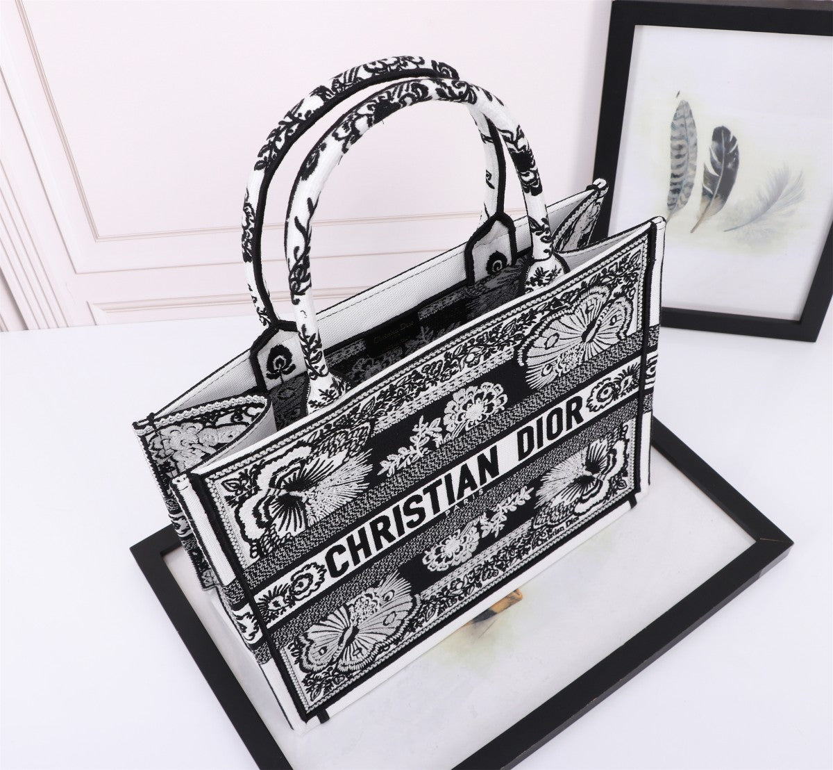 Christian Dior Book Tote Bag - Black and White Butterfly Around The World Embroidery