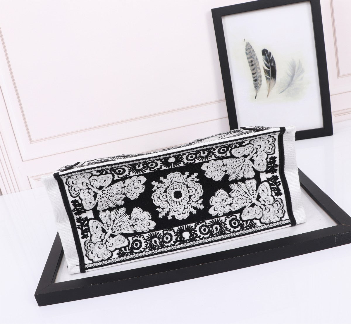 Christian Dior Book Tote Bag - Black and White Butterfly Around The World Embroidery