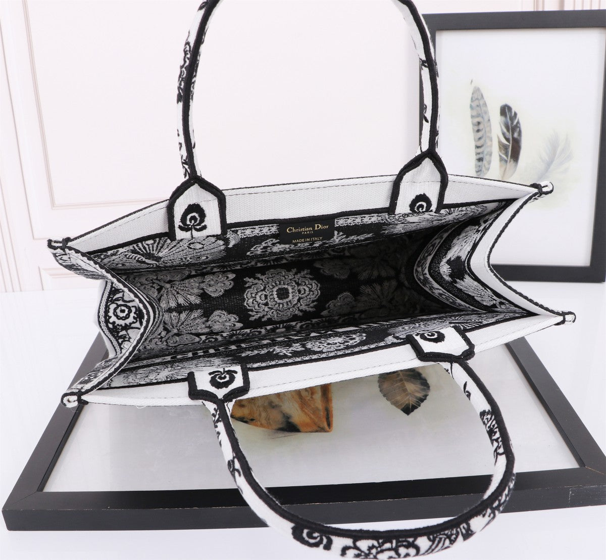 Christian Dior Book Tote Bag with Black and White Butterfly Embroidery
