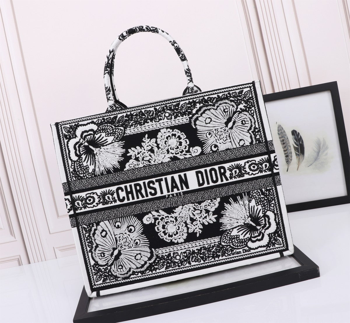 Christian Dior Large Book Tote Black and White Butterfly Embroidered Canvas Bag