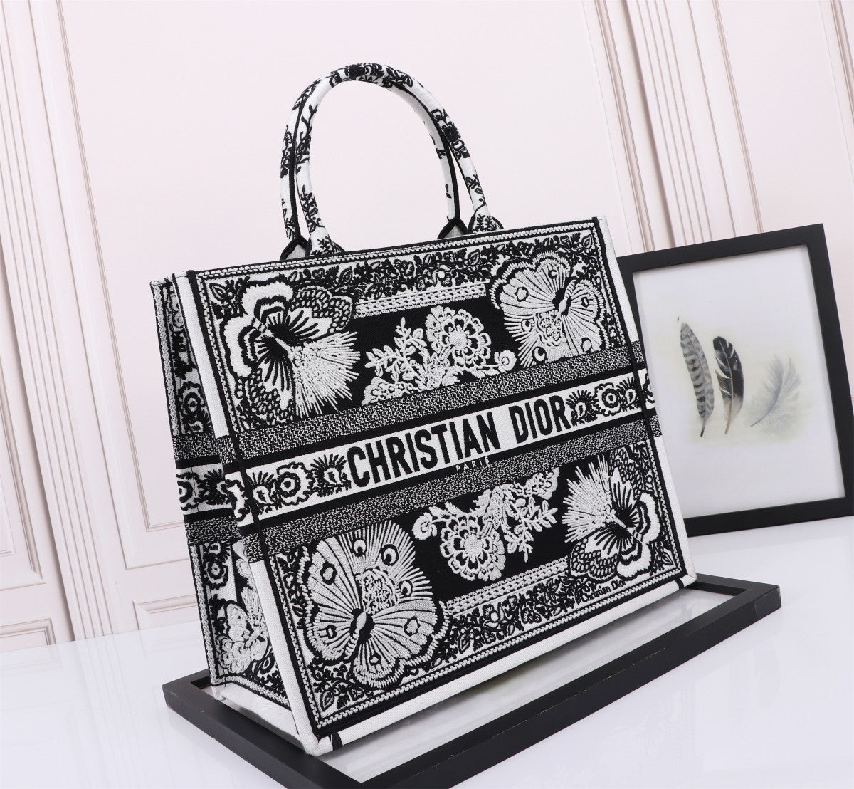 Christian Dior Large Book Tote Black and White Butterfly Embroidered Canvas Bag