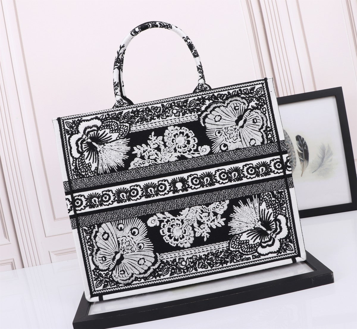 Christian Dior Large Book Tote Black and White Butterfly Embroidered Canvas Bag