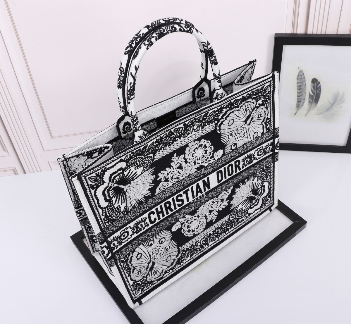 Christian Dior Large Book Tote Black and White Butterfly Embroidered Canvas Bag