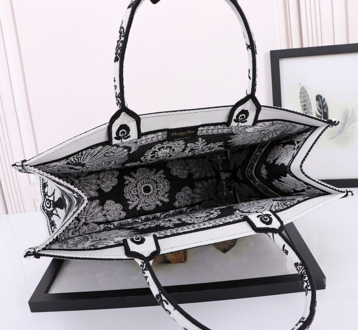 Christian Dior Book Tote Black and White Butterfly Embroidery