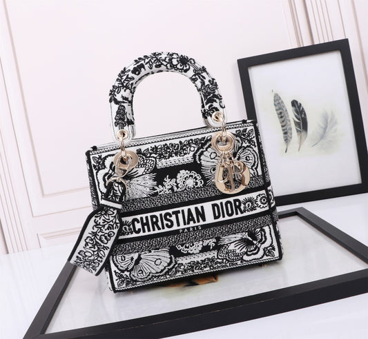 Christian Dior Lady D-Lite Black and White Embroidered Handbag